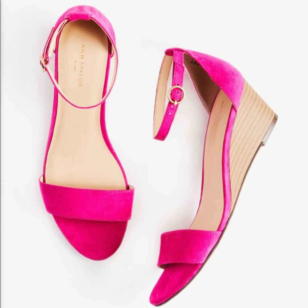 NEW Ann Taylor Hot Pink Ankle Strap Wedge Heel